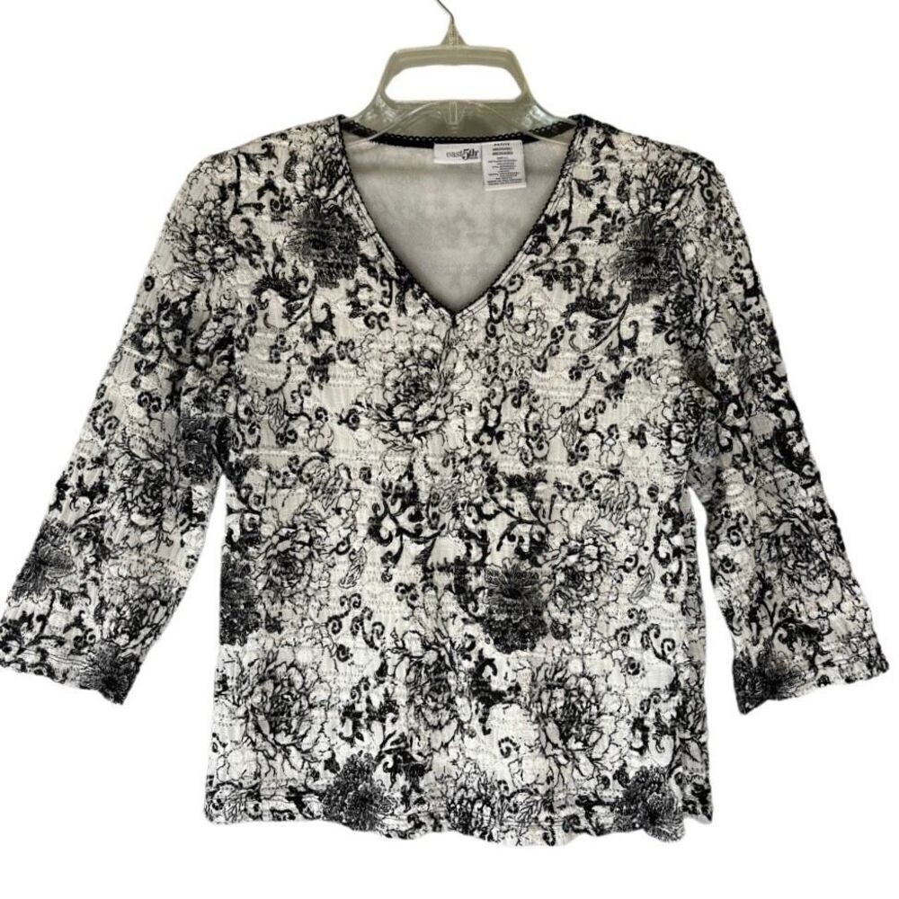Vintage Style east 5th Lace White Black Floral Paisley Blouse Top V Neck Size MP